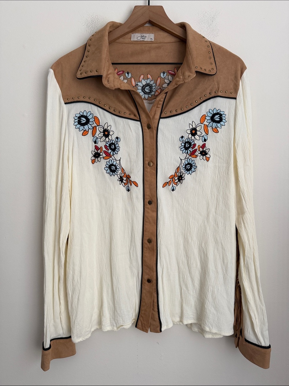 John Moon Texas Suede Fringe Western Long Sleeve Shirt Studs Embroidery Cowgirl - Picture 3 of 8